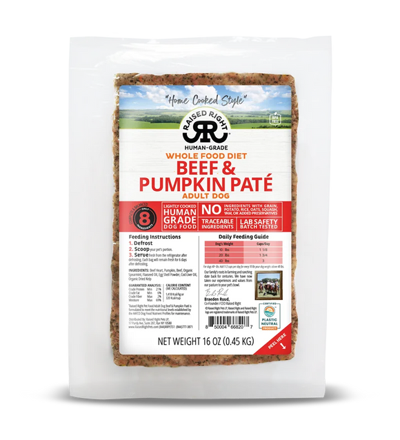 Raised Right Beef & Pumpkin Pate Frozen Raw Adult Dog Food
