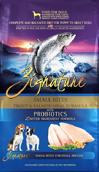 Zignature Trout Salmon Meal Formula Small Bites Grain Free Dry Food For Dogs