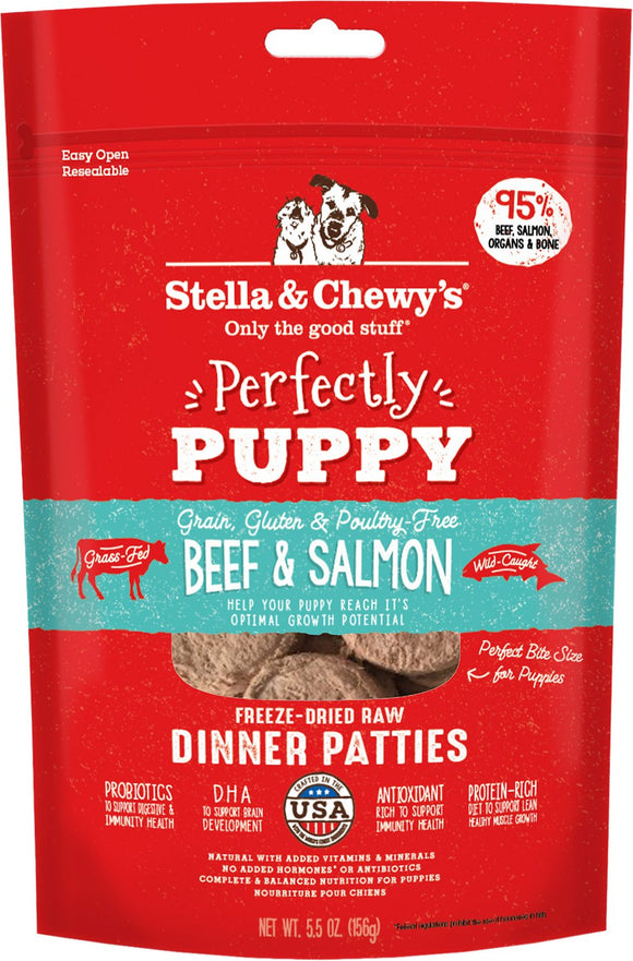Stella & Chewy's Dinner Patties Perfectly Puppy Beef & Salmon Grain Free Freeze Dried Raw Dog Food
