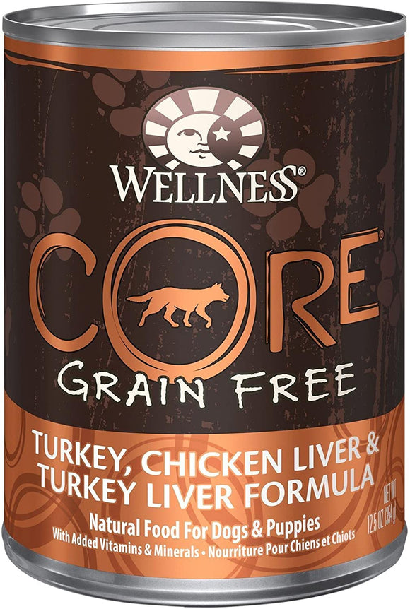 Wellness Core Grain Free Turkey, Chicken Liver & Turkey Liver Formula Canned Dog Food, 12.5-Oz, Case of 12