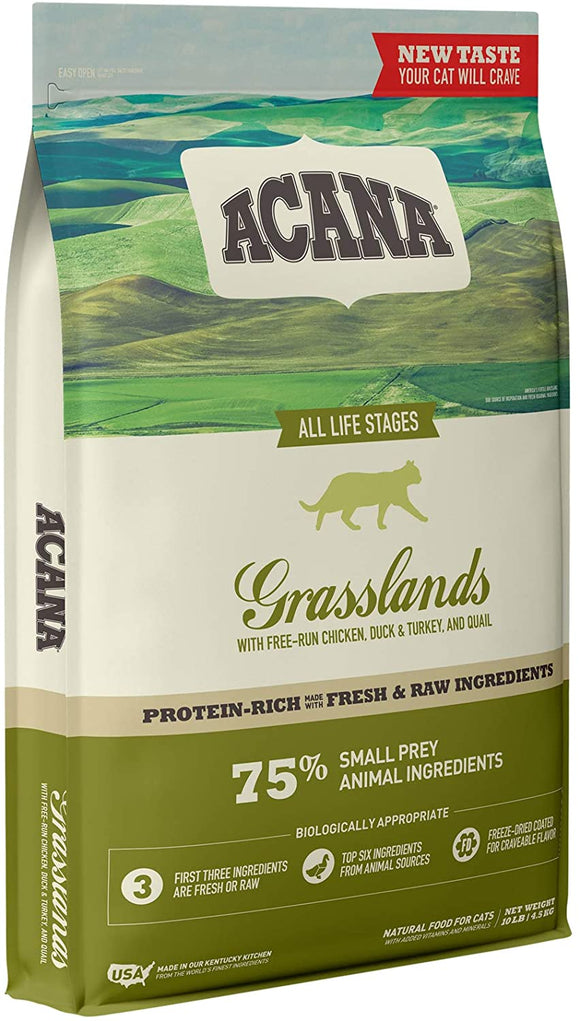 Bag of Acana All Life Stages Grasslands Chicken, Duck, Turkey, & Quail Grain Free Dry Cat Food