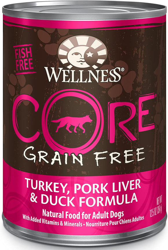 Wellness Core Grain Free Turkey, Pork Liver & Duck Formula Canned Dog Food, 12.5-Oz, Case of 12