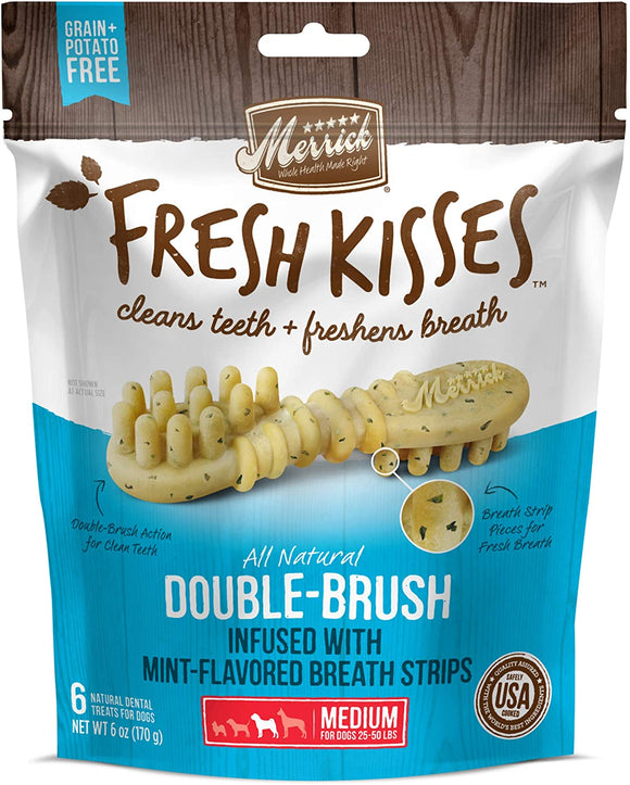 Merrick Fresh Kisses Double-Brush Mint Breath Strips Medium Grain Free Dental Dog Treats