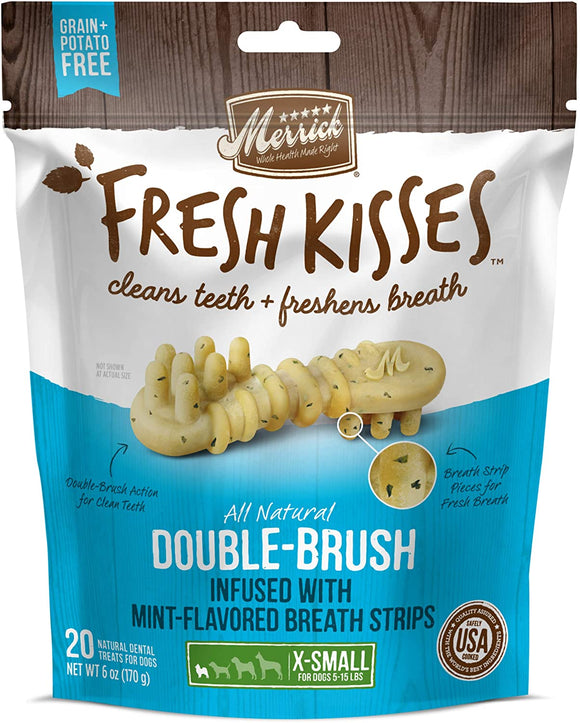 Merrick Fresh Kisses Double-Brush Mint Breath Strips Extra Small Grain Free Dental Dog Treats
