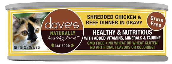 Dave's Naturally Healthy Shredded Chicken & Beef Dinner in Gravy Grain Free Wet Cat Food
