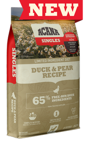Front of Bag: Acana singles dry duck and pear dog food 