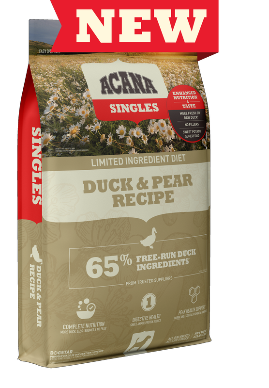 Front of Bag: Acana singles dry duck and pear dog food 